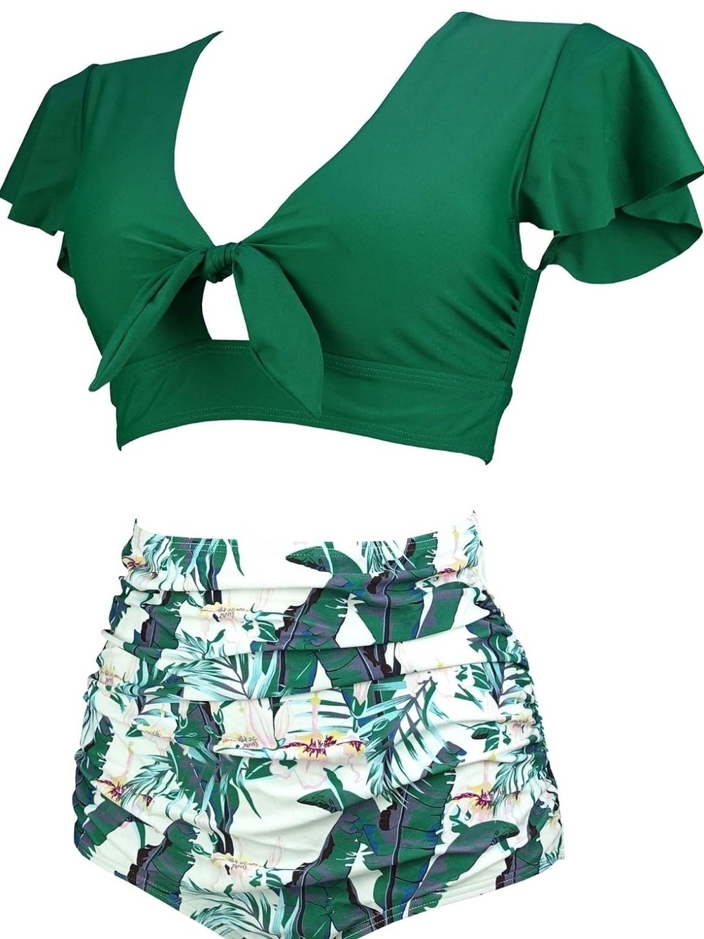 Green Tie-Front Crop Top High Waist Bikini - Women